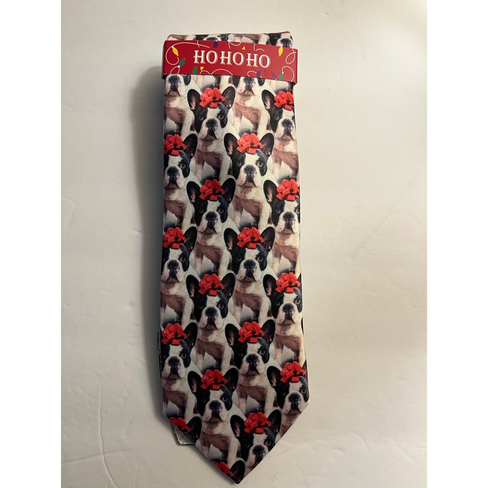 French Bulldog With Red Bow Necktie Festive Dog Print Novelty Tie HoHoHo